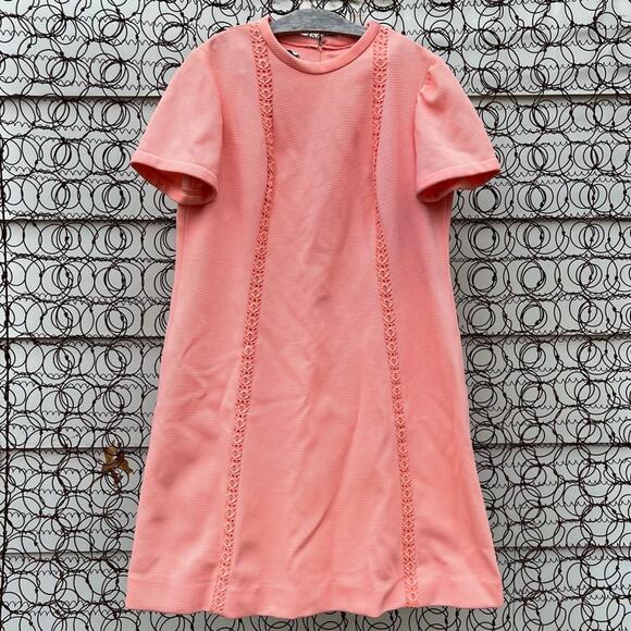 Vintage Dresses & Skirts - 50s 60s House of Shroyers peach rib polyester crochet lace trim sheath dress